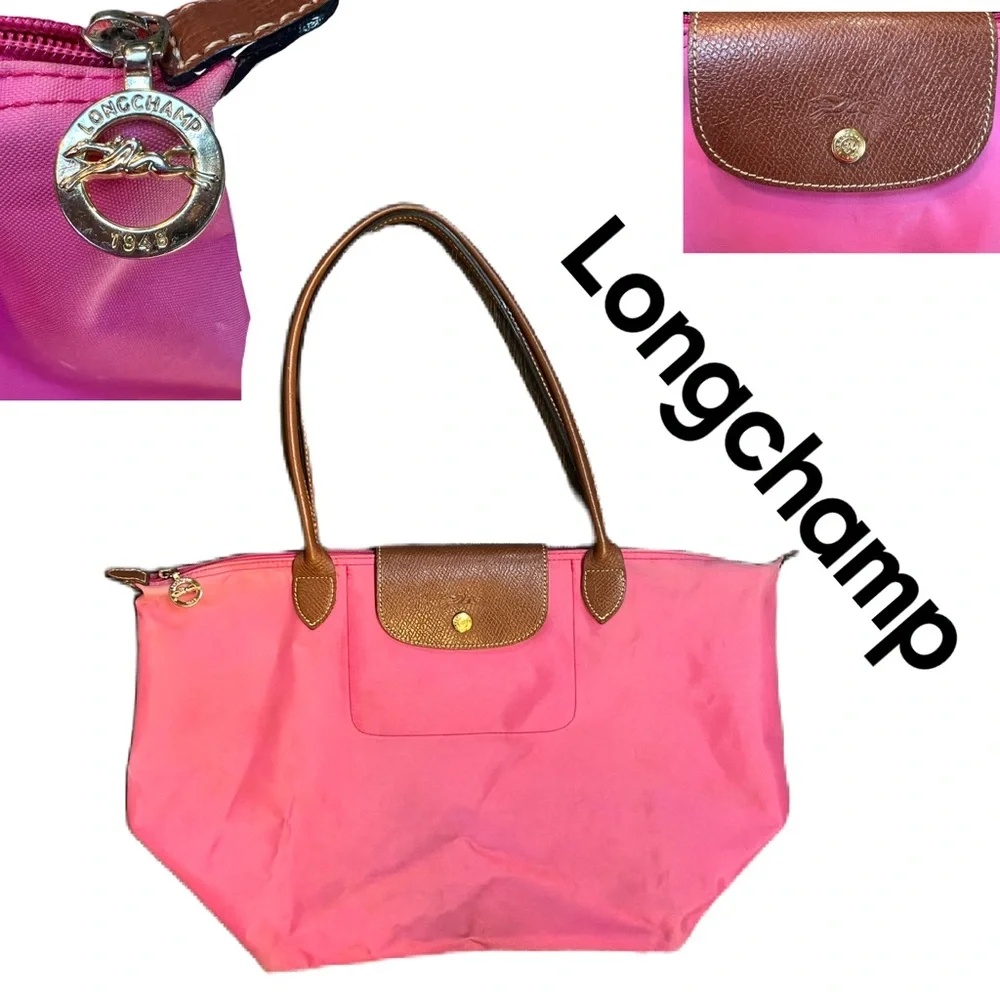 Longchamp Le Pliage Original tote, in pink nylon with brown leather trim. Used - Picture 1 of 14